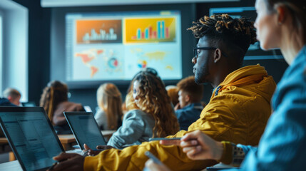 Diverse students engaged in a classroom setting, using laptops and digital tools to learn and collaborate.