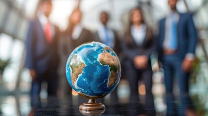 Corporate businesspeople standing around world globe, blurred background