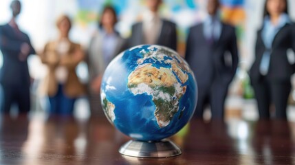 Corporate businesspeople standing around world globe, blurred background