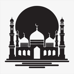 minimal mosque vector art illustration, silhouette on black, white background 
