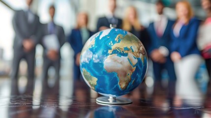 Corporate businesspeople standing around world globe, blurred background