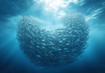 A wide view in ocean with a school of sardines shaped like a sphere