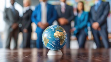 Corporate businesspeople standing around world globe, blurred background