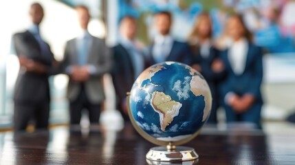 Corporate businesspeople standing around world globe, blurred background