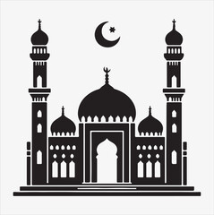 minimal mosque vector art illustration, silhouette on black, white background 