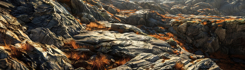 Obraz premium Rugged Mountain Terrain: Close-Up of Textured and Rugged Mountain Terrain with Rocky Outcrops