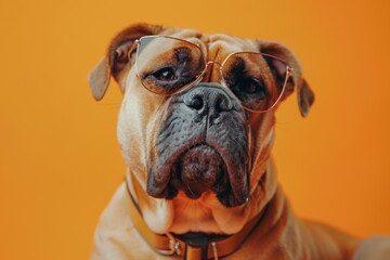 Fototapeta premium Dog Wearing Glasses Against Orange Background