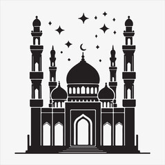 minimal mosque vector art illustration, silhouette on black, white background 