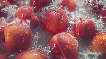 Fresh peaches in the background，decorated with sparkling water droplets. Top down view