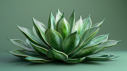 A realistic 3D rendering of a succulent plant. The thick, fleshy leaves are arranged in a rosette pattern, showcasing a gradient of green shades against a neutral background.