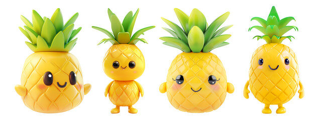 Fototapeta premium Cute pineapples, collection of cartoon style characters, cut out