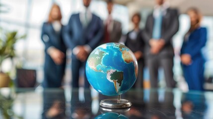 Corporate businesspeople standing around world globe, blurred background