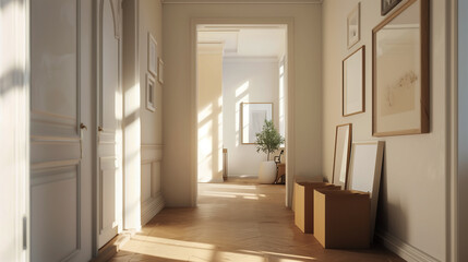 A modern new house's hallway, filled with unpacked boxes and picture frames leaning against the walls
