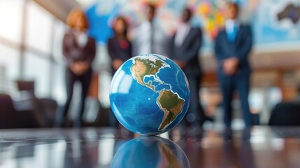 Corporate businesspeople standing around world globe, blurred background