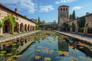 Fototapeta premium Ancient Monastery Courtyard with Reflective Pool and Lily Pads