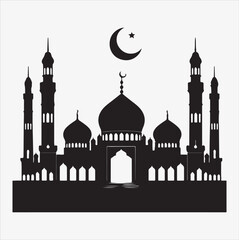 minimal mosque vector art illustration, silhouette on black, white background 