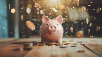 Happy Pink piggy bank with coin flying in air on table