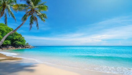 Summer vacation, tropical beach with blue sky and sea for relaxation, panoramic beach background, summer holiday with beautiful nature sand with nature sunlight, blue ocean water with Generative AI © RAJKISHAN
