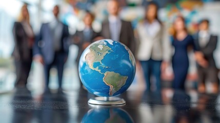 Corporate businesspeople standing around world globe, blurred background