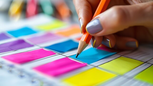Woman planning schedule using colorful paper calendar, pencil time management bright