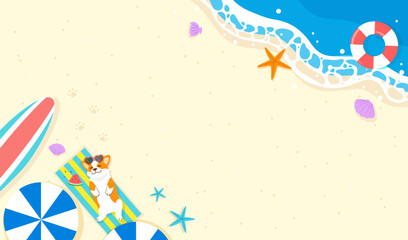 Summer sea beach background vector illustration. Cute Welsh Corgi dog sleeping on picnic mat at the beach