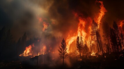 Heavily burning trees in the forest. Forest fires, a danger to nature