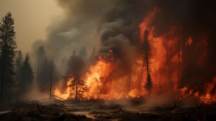 Heavily burning trees in the forest. Forest fires, a danger to nature