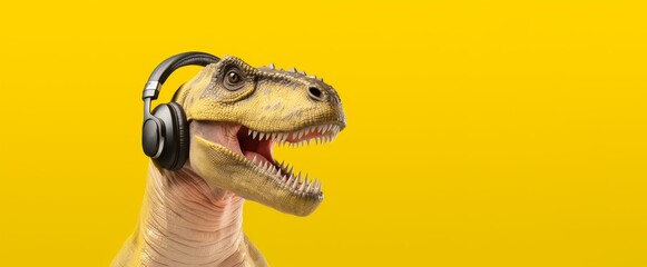 Naklejka premium Dinosaur in headphones listens to music on a yellow background. Banner, place for text