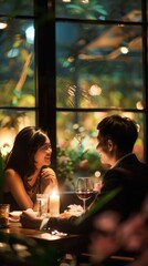 Asian couple enjoying a romantic candlelit dinner at a fancy restaurant