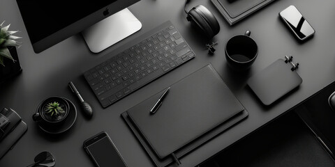 A minimalist black desk setup featuring various office gadgets and accessories, showcasing a professional and organized workspace.