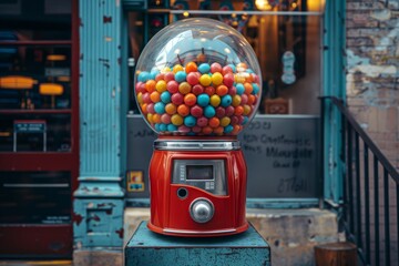 Colorful gumball machine outside vintage candy shop