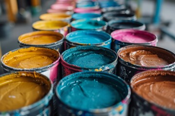 Rows of Vibrant Paint Cans