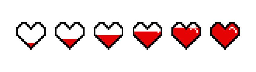 Life bar red hearts, pixel art 8 bit. Game icons. Vector illustration.