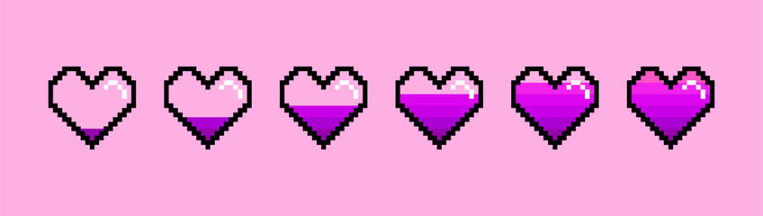Life bar gradient hearts, pixel art 8 bit. Game icons. Vector illustration.