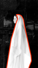 Contemporary art collage. Black-and-white figure of woman draped in white, flowing cloak, outlined...