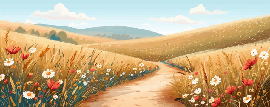 Serene countryside path winding through fields of wildflowers and golden wheat. Vector flat minimalistic isolated illustration.