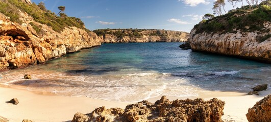 panorama view of the picturesque Calo des Moro cove and beach in southwestern Majorca