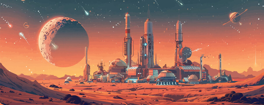 Space colony on a distant planet, with domed habitats, solar panels, and advanced technology. Vector flat minimalistic isolated illustration.