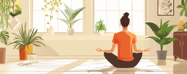 Sport exercise at home. Woman is sitting and stretching. How to keep fit indoors. Fitness, yoga and morning workout in cozy interior. Healthy lifestyle and wellness concept. Vector flat minimalistic