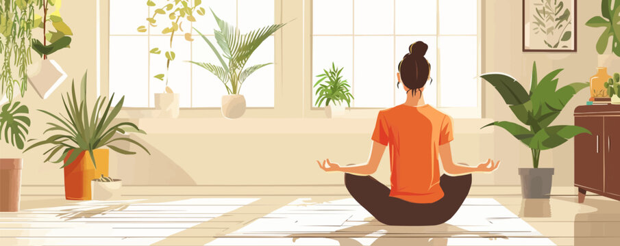 Sport exercise at home. Woman is sitting and stretching. How to keep fit indoors. Fitness, yoga and morning workout in cozy interior. Healthy lifestyle and wellness concept. Vector flat minimalistic
