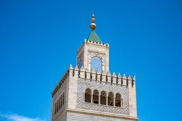 Obraz premium Zitouna Mosque,Located in the heart of Tunis' medina, this important mosque was founded in 734 and built on a site once occupied by a church. It was totally rebuilt in the 9th century and restored 