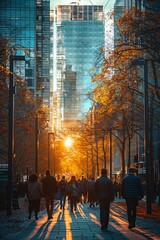 Obraz premium Amid downtown's urban buzz, a scene of motion under the setting sun, bustling with people and traffic.