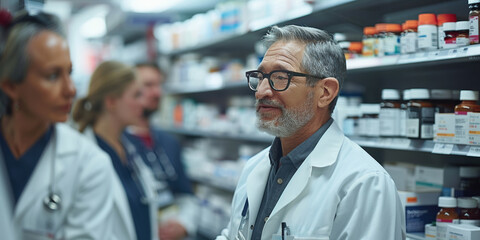 Fototapeta premium A team of smiling pharmacists discussing prescriptions in a drugstore, emphasizing professional service.