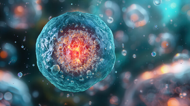 Human embryo cell with nucleus, mitochondria, organelles. Cellular biology, microbiology, biotechnology science, DNA, genetic scientific research. Embryonic stem cell function, medical microscopic 3D