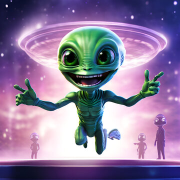 Smiling aliens waving hello, welcoming their arrival on a transparent background. Perfect for sci-fi concepts