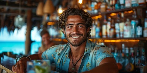 At the shore bar, a cheerful bartender serves cocktails with a smile, embodying coastal relaxation. - Powered by Adobe