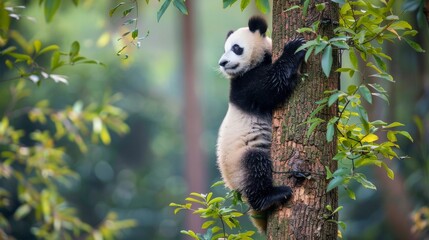 Obraz premium A panda bear on tree in wild forest.