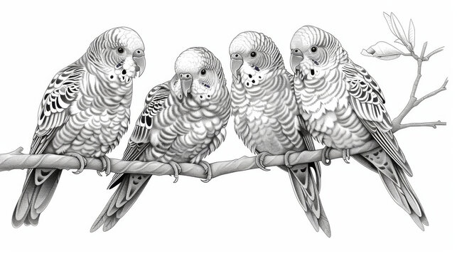Black and white detailed illustration of four parakeets perched on a branch, showcasing their feathers and unique expressions.