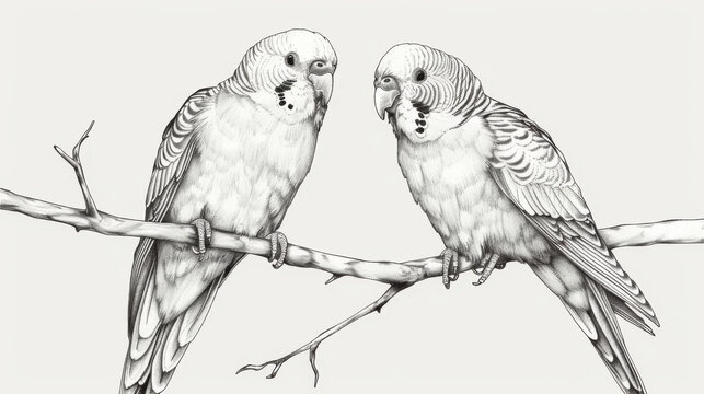 recommend clip art: Detailed black and white illustration of two parakeets perched on a branch, showcasing intricate feather patterns and expressions.