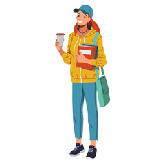 A young female student in a yellow jacket and blue cap smiles while holding a cup of coffee. She has her hair in a ponytail and carries a bag over her shoulder.  Isolated on white background